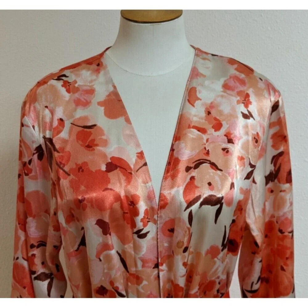 Women's Oscar de la Renta Pink Label Floral Print Ruffle Trim Robe LG